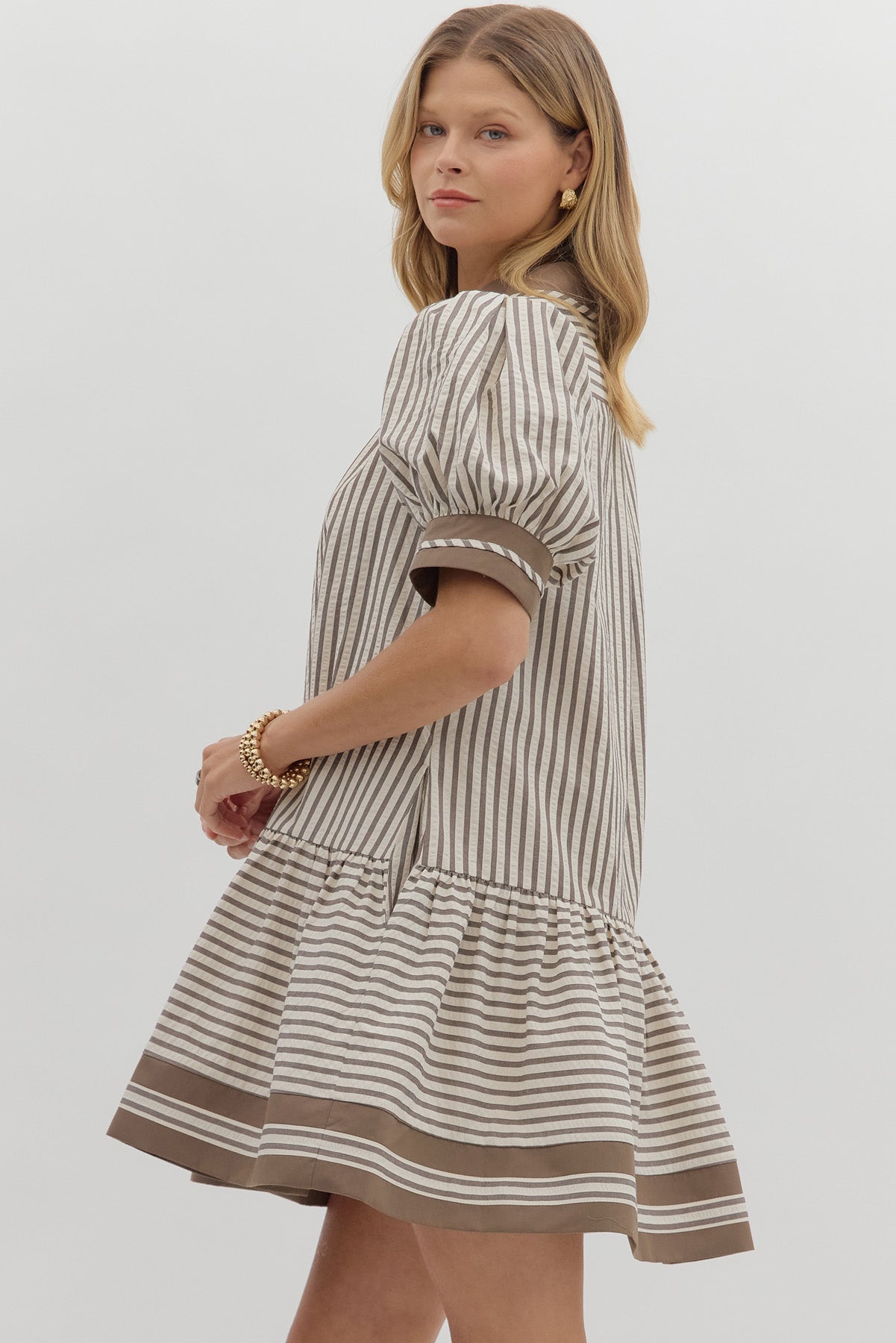 Striped puff sleeve mini dress with contrast collar — Mocha Mousse Mini Dress from Frost Impressions Boutique.
