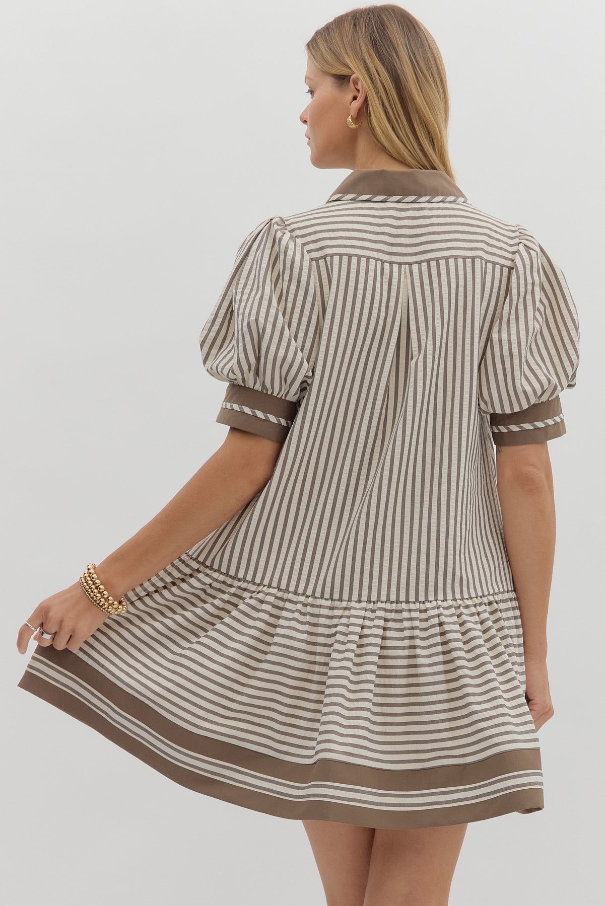 Striped puff sleeve mini dress with contrast collar — Mocha Mousse Mini Dress from Frost Impressions Boutique.