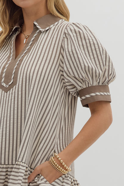 Striped puff sleeve mini dress with contrast collar — Mocha Mousse Mini Dress from Frost Impressions Boutique.