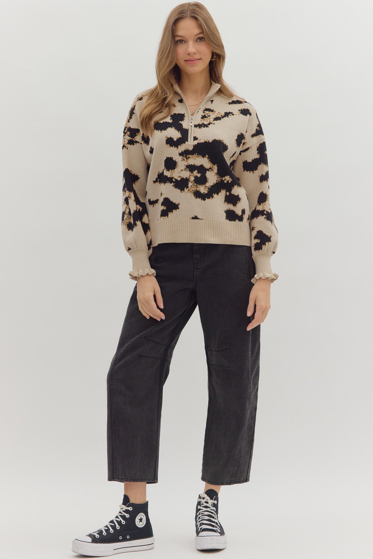 Abstract knit zip front long sleeve ruffle pullover sweater — Sweet & Sassy Ruffle Pullover from Frost Impressions Boutique.