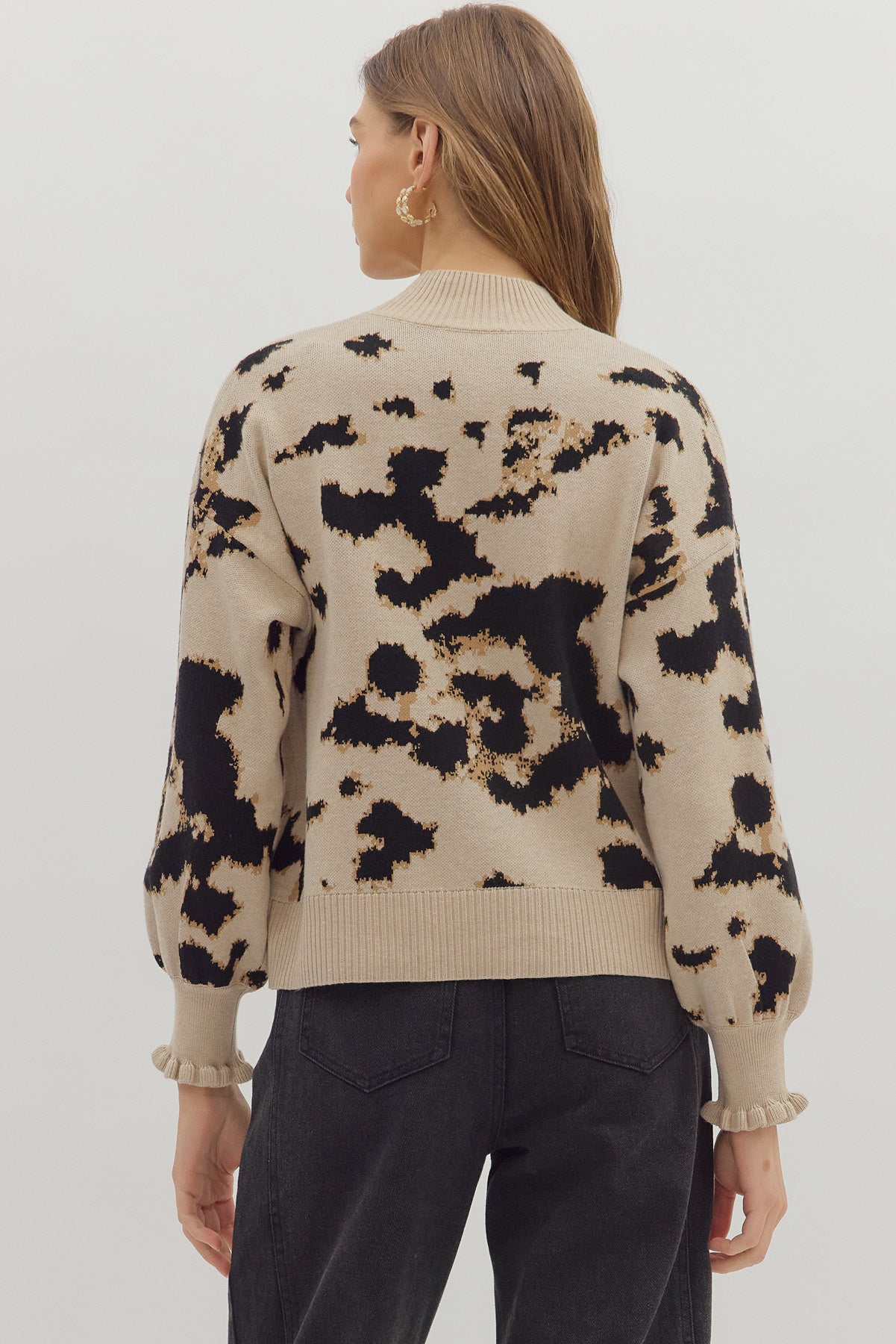 Abstract knit zip front long sleeve ruffle pullover sweater — Sweet & Sassy Ruffle Pullover from Frost Impressions Boutique.