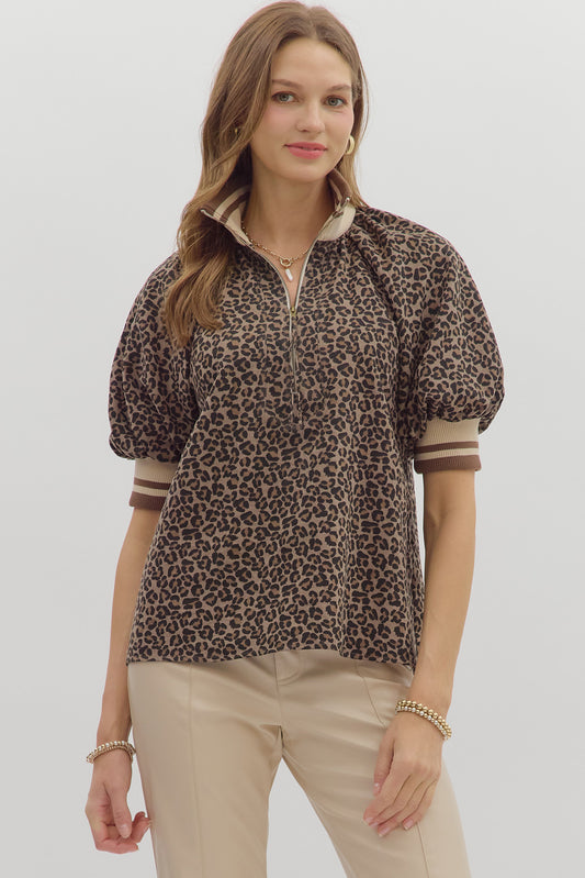 Leopard Mocha Zip Top with mocha and leopard print, half zip closure, and relaxed fit.