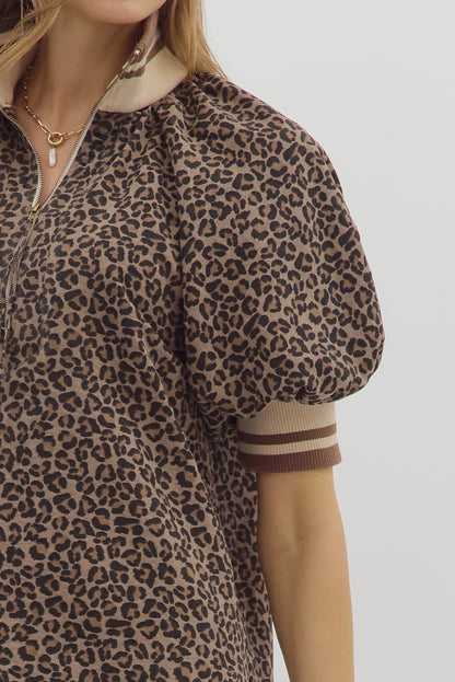 Leopard Mocha Zip Top with mocha and leopard print, half zip closure, and relaxed fit.