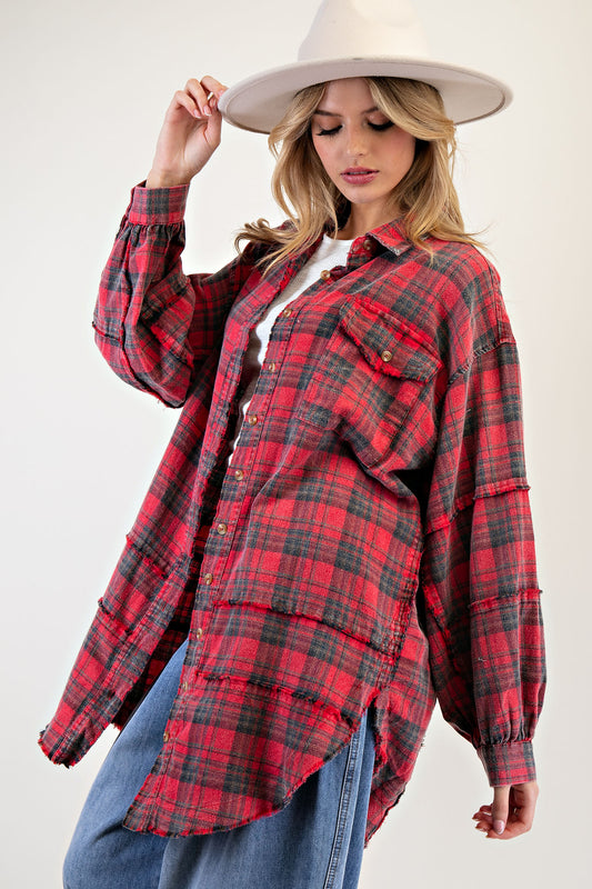 Red mineral washed plaid flannel shirt with button-down front, frayed hem, and chest patch pocket — Red Plaid Flannel Shirt from Frost Impressions Boutique.