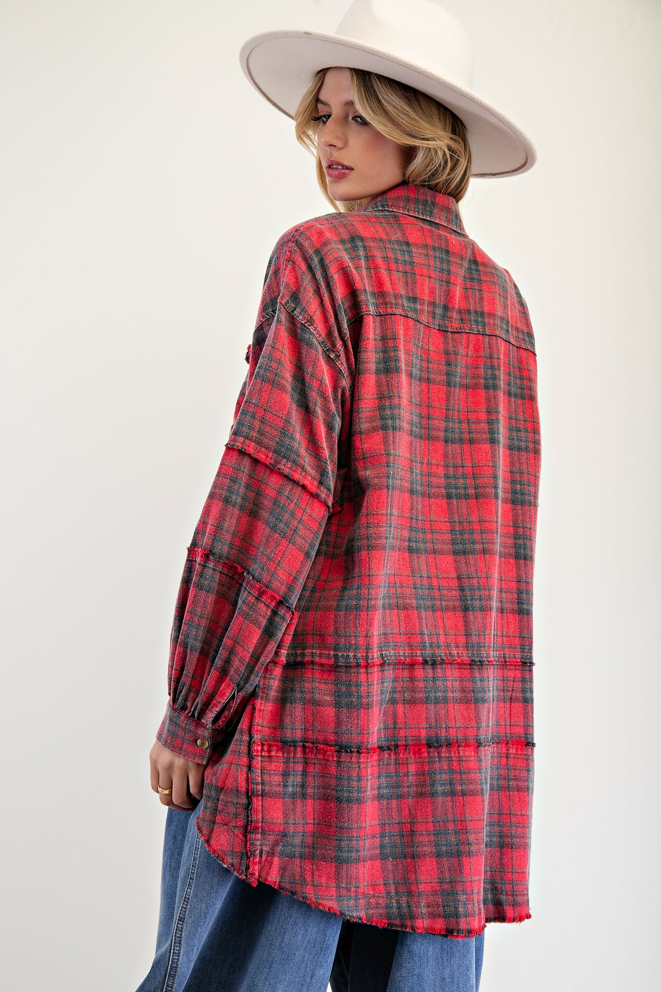 Red mineral washed plaid flannel shirt with button-down front, frayed hem, and chest patch pocket — Red Plaid Flannel Shirt from Frost Impressions Boutique.