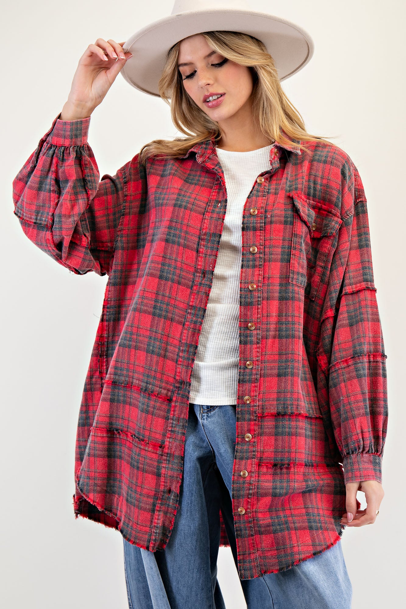 Red mineral washed plaid flannel shirt with button-down front, frayed hem, and chest patch pocket — Red Plaid Flannel Shirt from Frost Impressions Boutique.