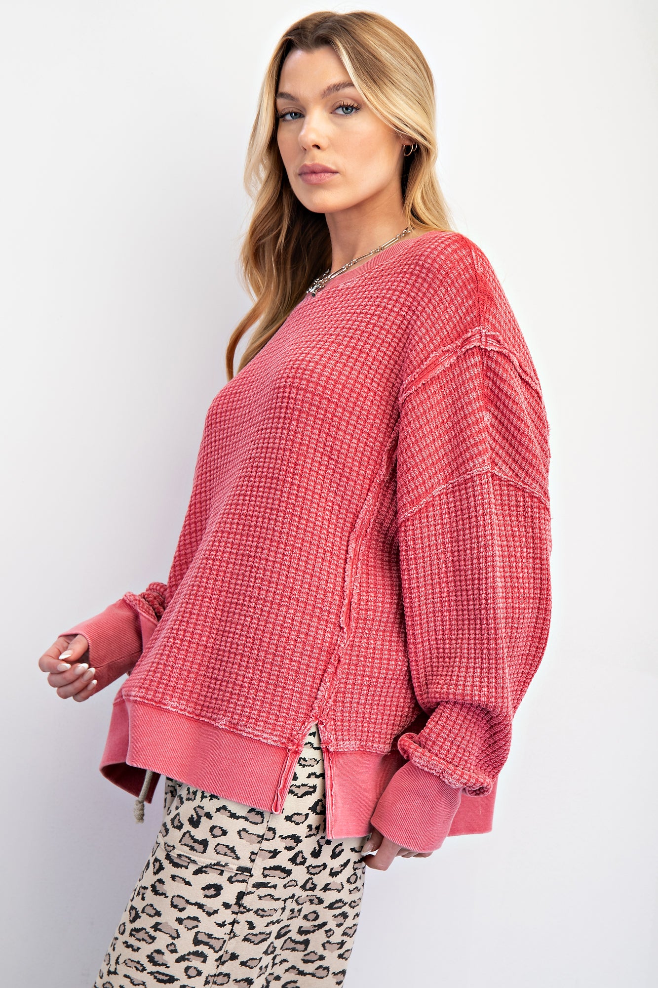 Boho red mineral washed thermal pullover with side slits, ribbed cuffs and hem — Red Lane Thermal Pullover from Frost Impressions Boutique.