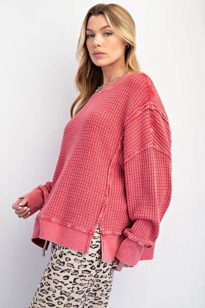 Boho red mineral washed thermal pullover with side slits, ribbed cuffs and hem — Red Lane Thermal Pullover from Frost Impressions Boutique.