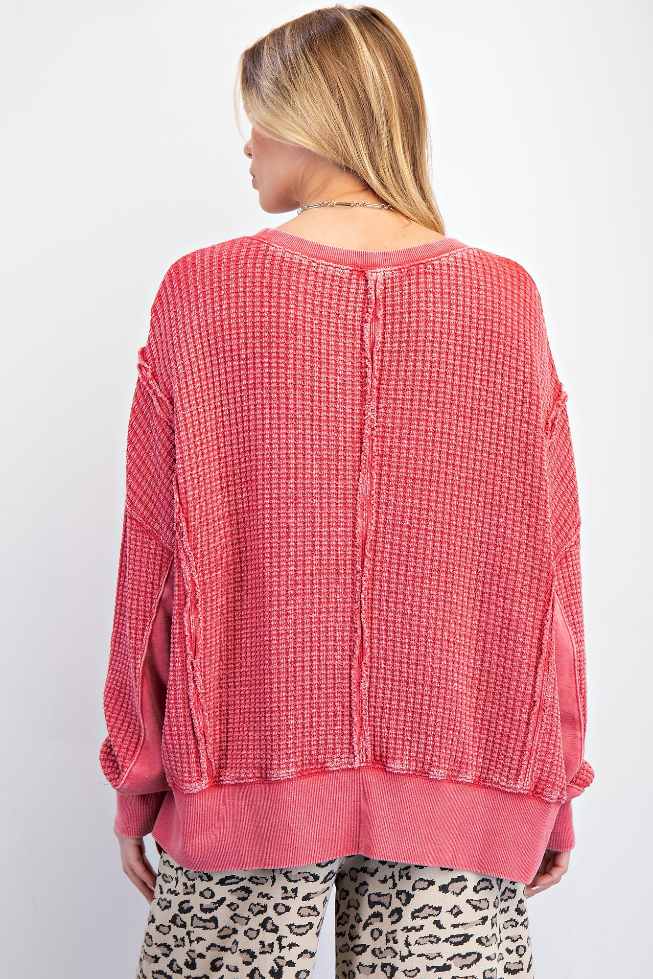 Boho red mineral washed thermal pullover with side slits, ribbed cuffs and hem — Red Lane Thermal Pullover from Frost Impressions Boutique.