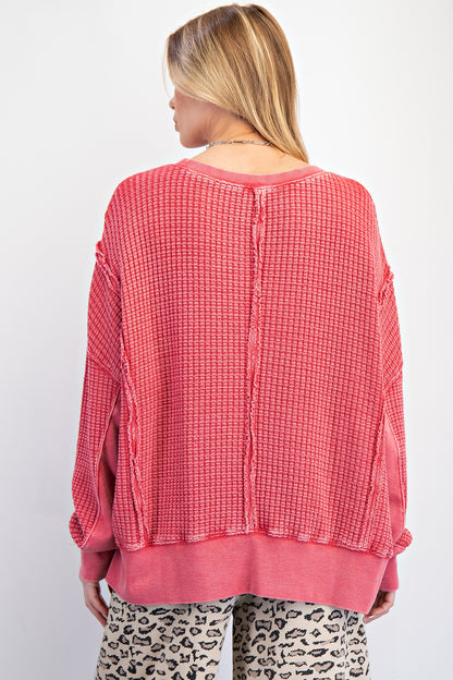 Boho red mineral washed thermal pullover with side slits, ribbed cuffs and hem — Red Lane Thermal Pullover from Frost Impressions Boutique.