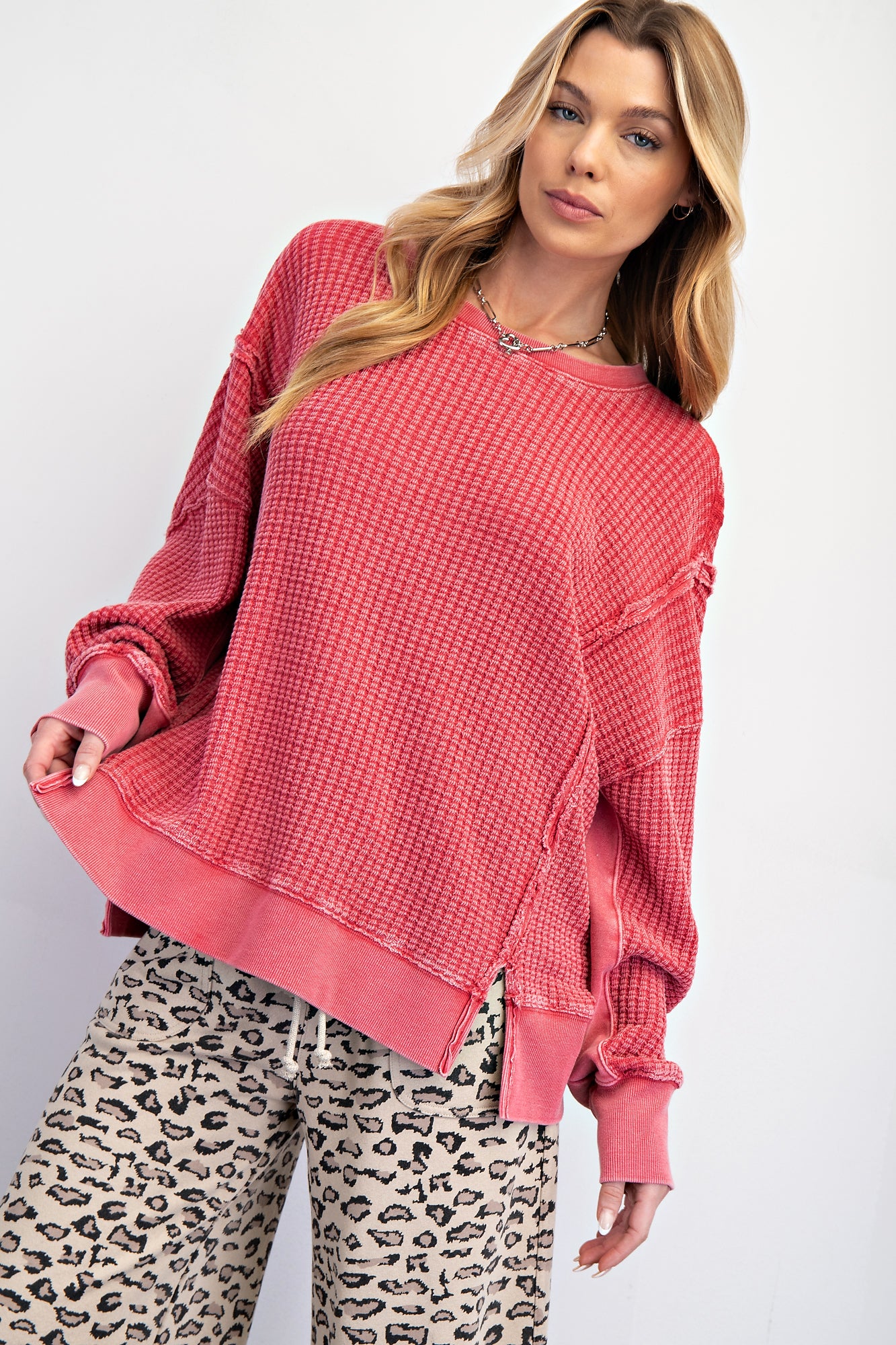 Boho red mineral washed thermal pullover with side slits, ribbed cuffs and hem — Red Lane Thermal Pullover from Frost Impressions Boutique.