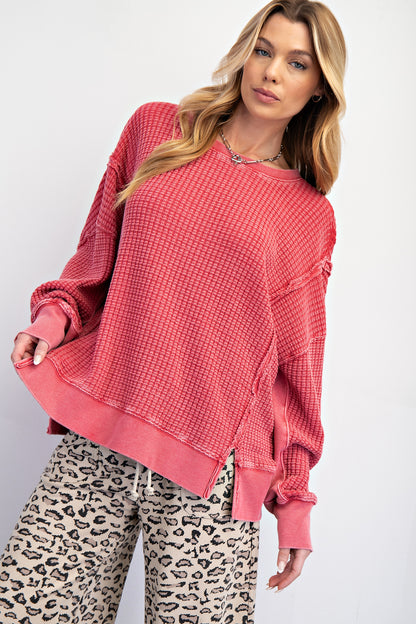 Boho red mineral washed thermal pullover with side slits, ribbed cuffs and hem — Red Lane Thermal Pullover from Frost Impressions Boutique.