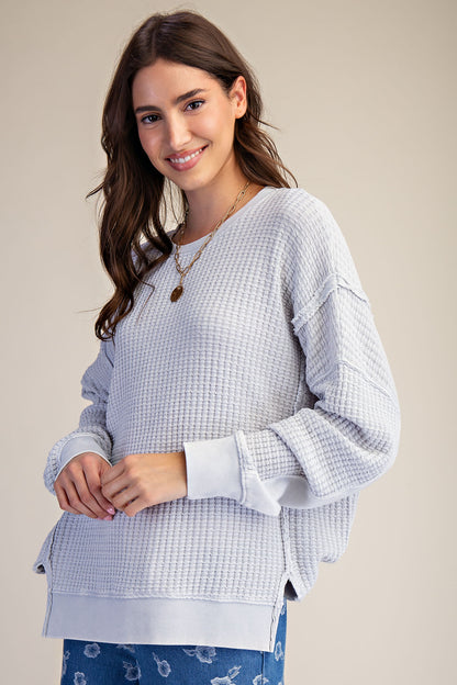 Cloud mineral washed thermal pullover with side slits, ribbed cuffs and hem — Cloud Lane Thermal Pullover from Frost Impressions Boutique.