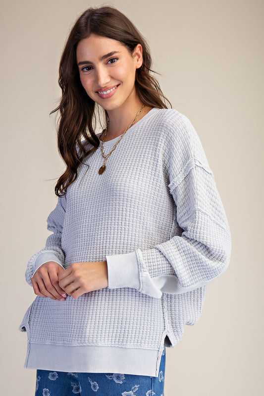 Cloud mineral washed thermal pullover with side slits, ribbed cuffs and hem — Cloud Lane Thermal Pullover from Frost Impressions Boutique.