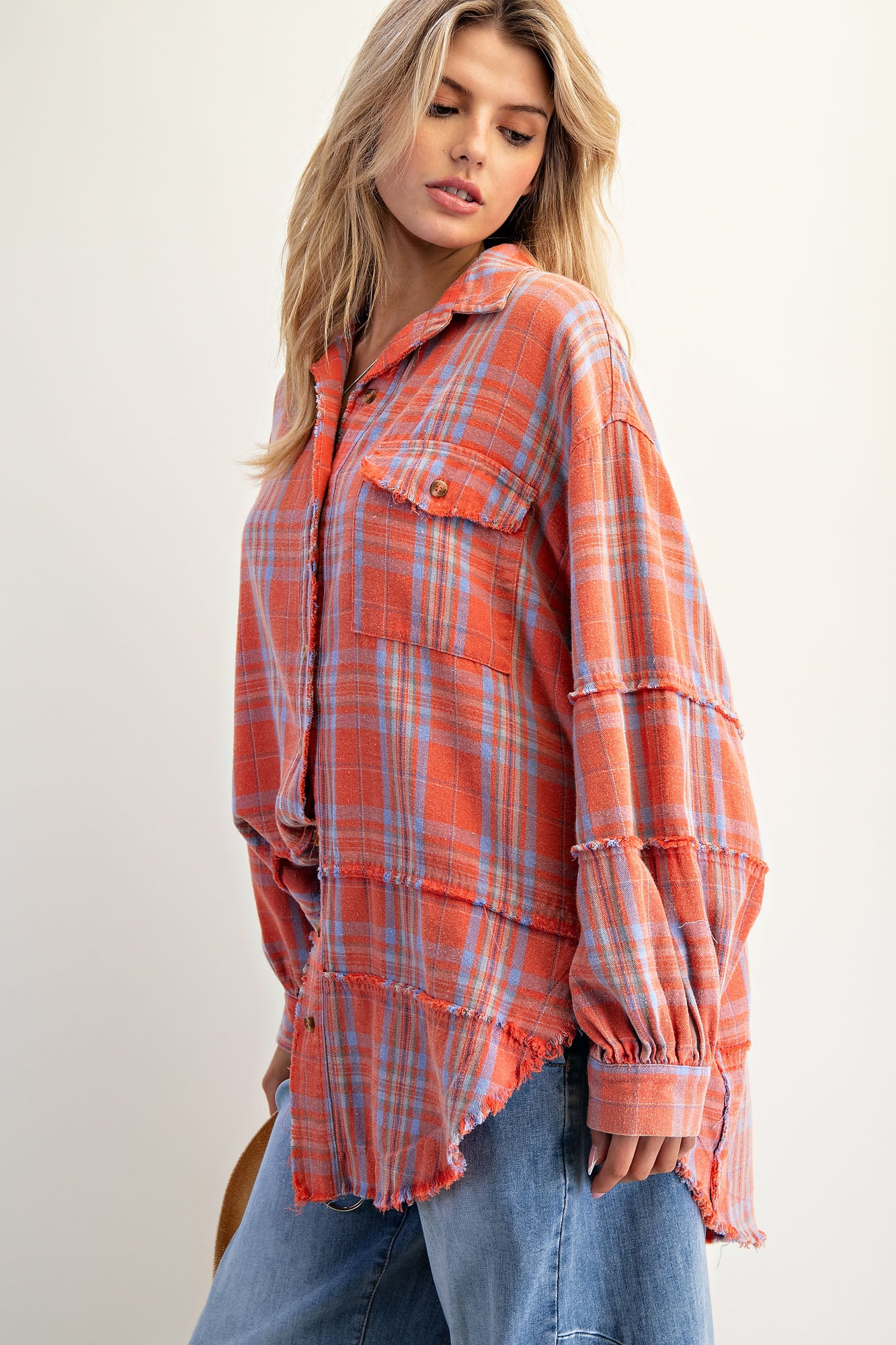 Coral mineral washed oversized plaid tunic flannel with button-down front and curved hem — Coral Tunic Flannel from Frost Impressions Boutique.