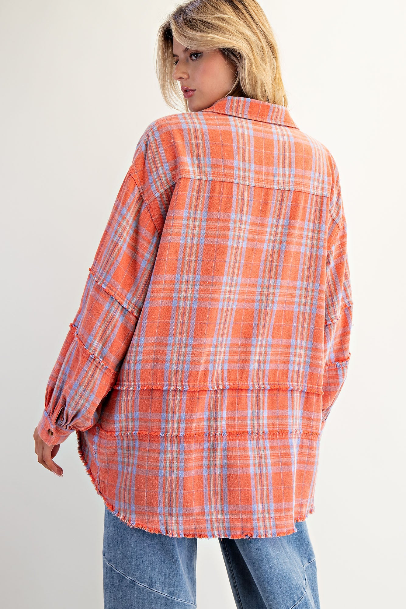 Coral mineral washed oversized plaid tunic flannel with button-down front and curved hem — Coral Tunic Flannel from Frost Impressions Boutique.