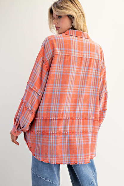 Coral mineral washed oversized plaid tunic flannel with button-down front and curved hem — Coral Tunic Flannel from Frost Impressions Boutique.