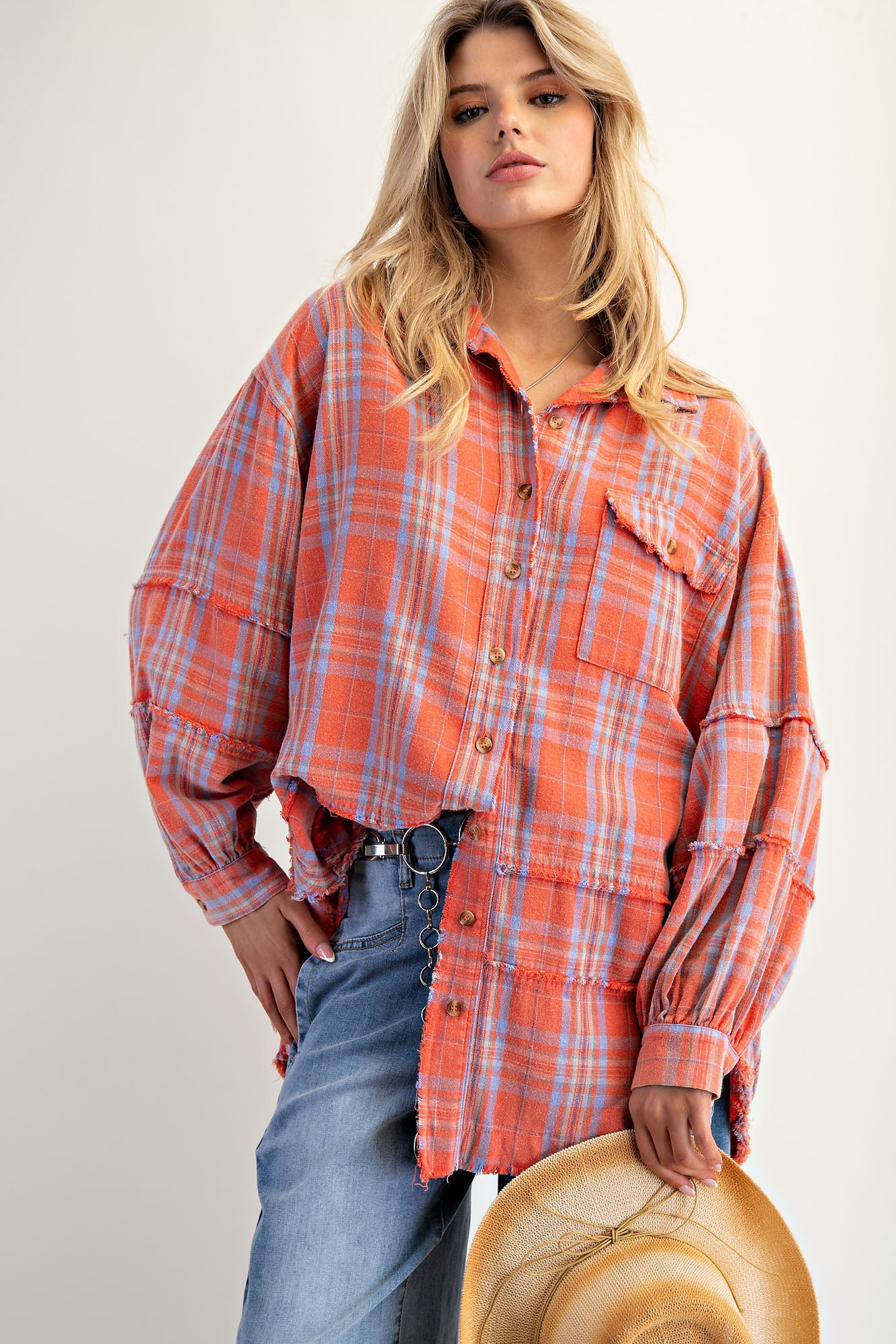 Coral mineral washed oversized plaid tunic flannel with button-down front and curved hem — Coral Tunic Flannel from Frost Impressions Boutique.