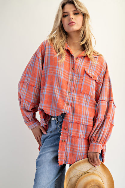 Coral mineral washed oversized plaid tunic flannel with button-down front and curved hem — Coral Tunic Flannel from Frost Impressions Boutique.