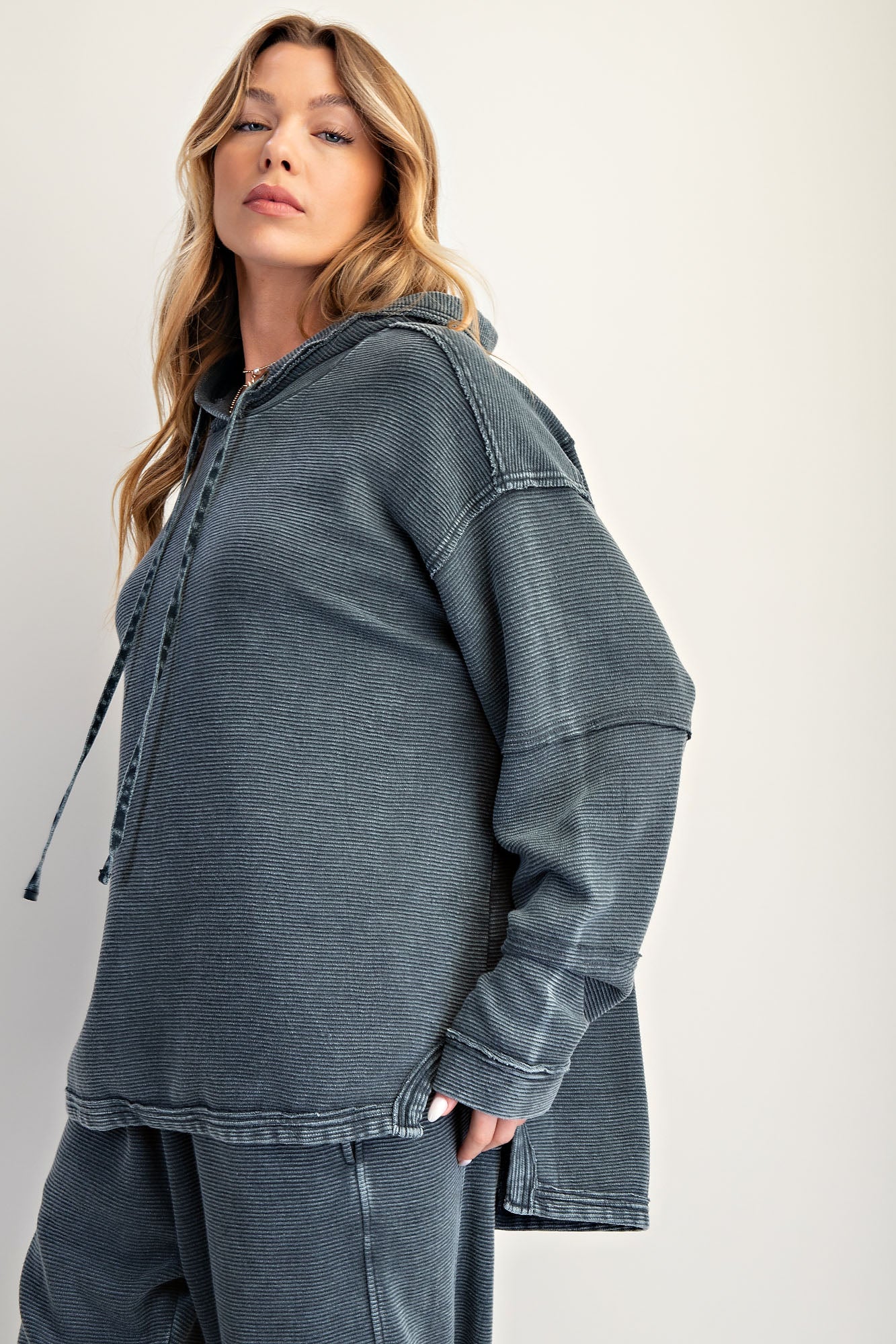 Smoke mineral washed textured terry lounge set with hoodie pullover and wide-leg pants — Frosted Everyday Set (Smoke) from Frost Impressions Boutique.