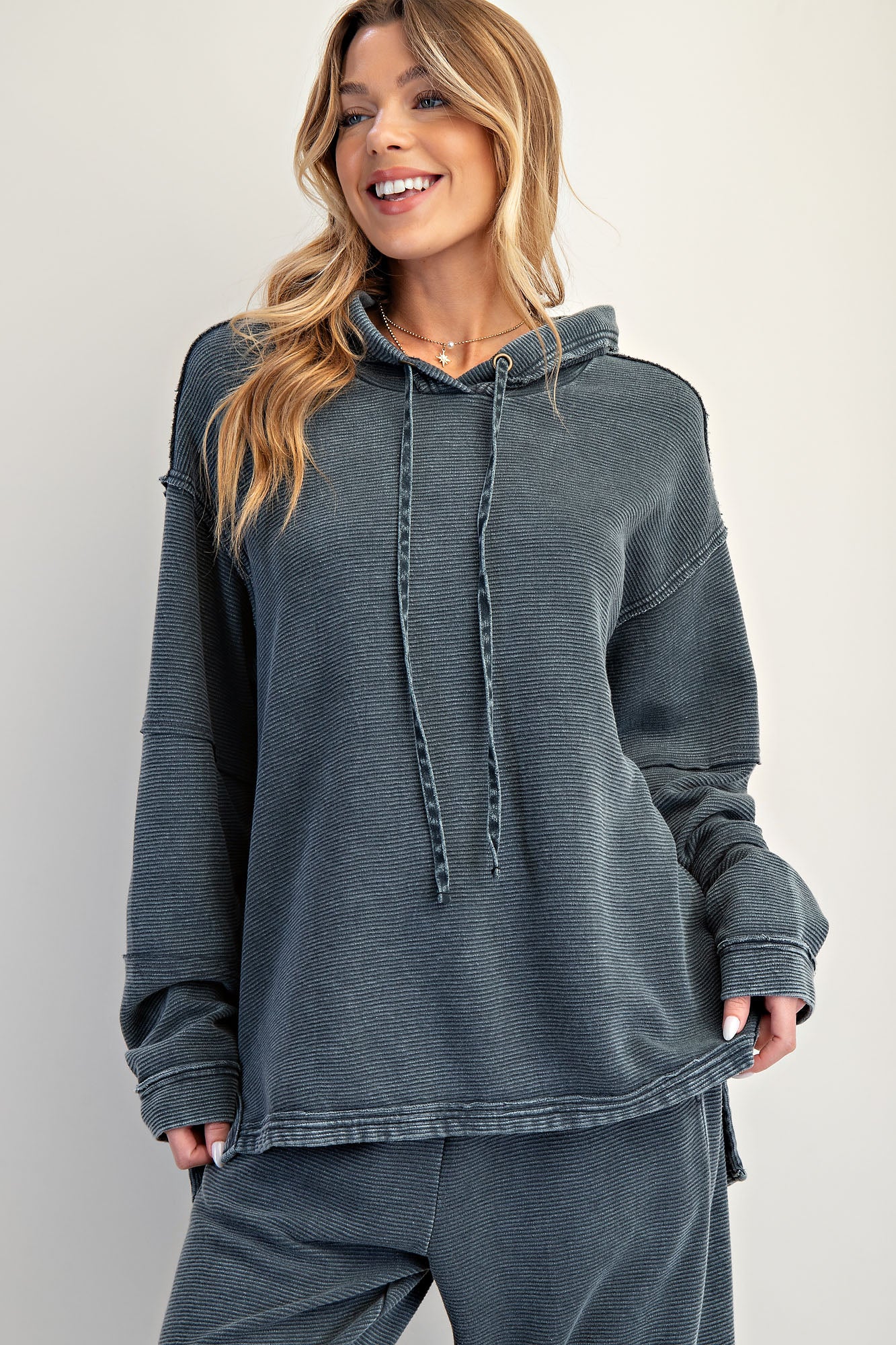 Smoke mineral washed textured terry lounge set with hoodie pullover and wide-leg pants — Frosted Everyday Set (Smoke) from Frost Impressions Boutique.