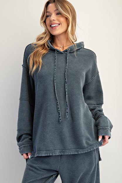 Smoke mineral washed textured terry lounge set with hoodie pullover and wide-leg pants — Frosted Everyday Set (Smoke) from Frost Impressions Boutique.