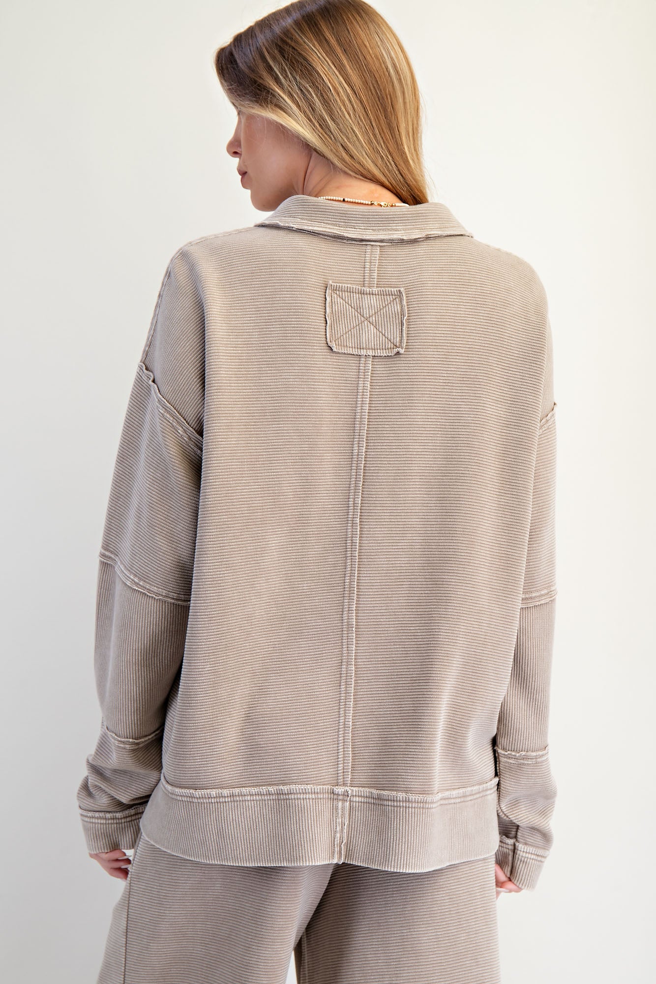 Light mocha textured thermal washed lounge set with collared pullover and bell-bottom pants — The Sunday Set (Lt Mocha) from Frost Impressions Boutique.