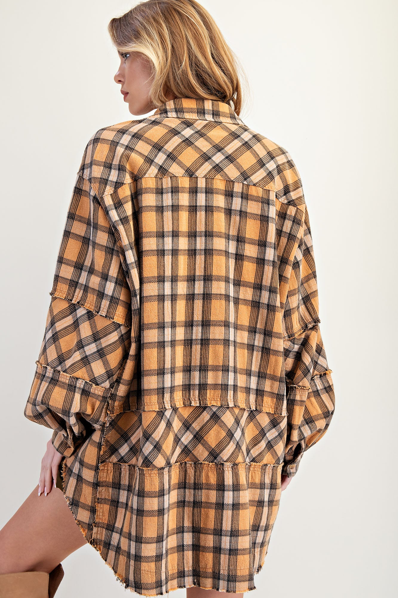 Camel mineral washed oversized plaid tunic flannel with distressed hem and front chest pocket — Camel Tunic Flannel from Frost Impressions Boutique.