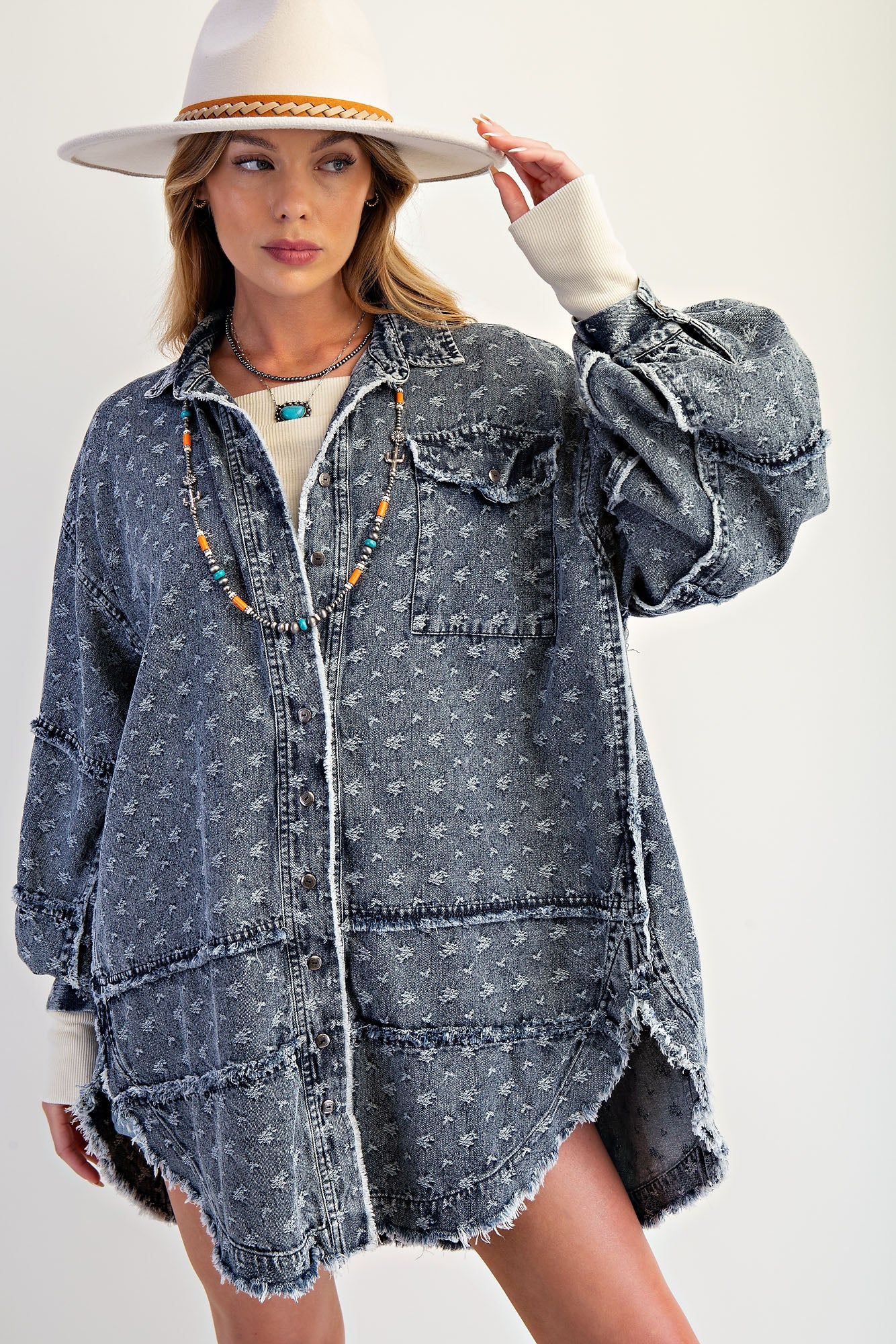 Textured washed denim oversized button down tunic top with mini floral embroidery and raw edge trim — Dolly Denim Tunic Top from Frost Impressions Boutique.