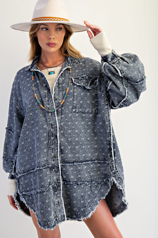 Textured washed denim oversized button down tunic top with mini floral embroidery and raw edge trim — Dolly Denim Tunic Top from Frost Impressions Boutique.