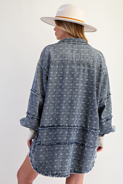 Textured washed denim oversized button down tunic top with mini floral embroidery and raw edge trim — Dolly Denim Tunic Top from Frost Impressions Boutique.