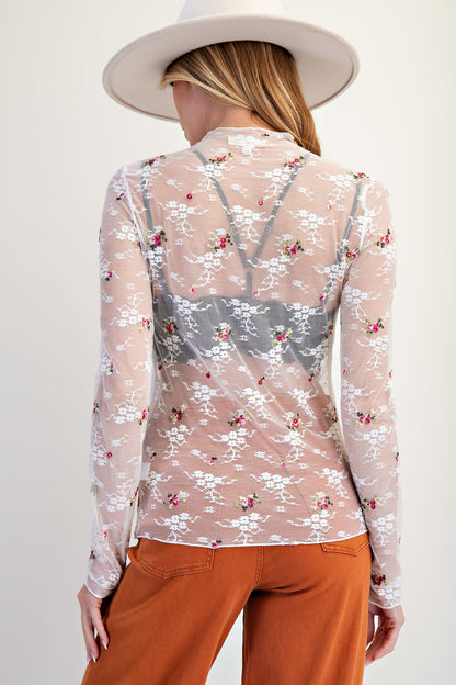White floral embroidery mesh top with mock neckline and fitted silhouette — Luna Lace Mesh Top (White) from Frost Impressions Boutique.