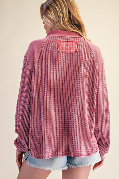 Mulberry mineral washed half zip thermal pullover with stand collar neckline and relaxed fit — Mulberry Lane Thermal Zip Pullover from Frost Impressions Boutique.