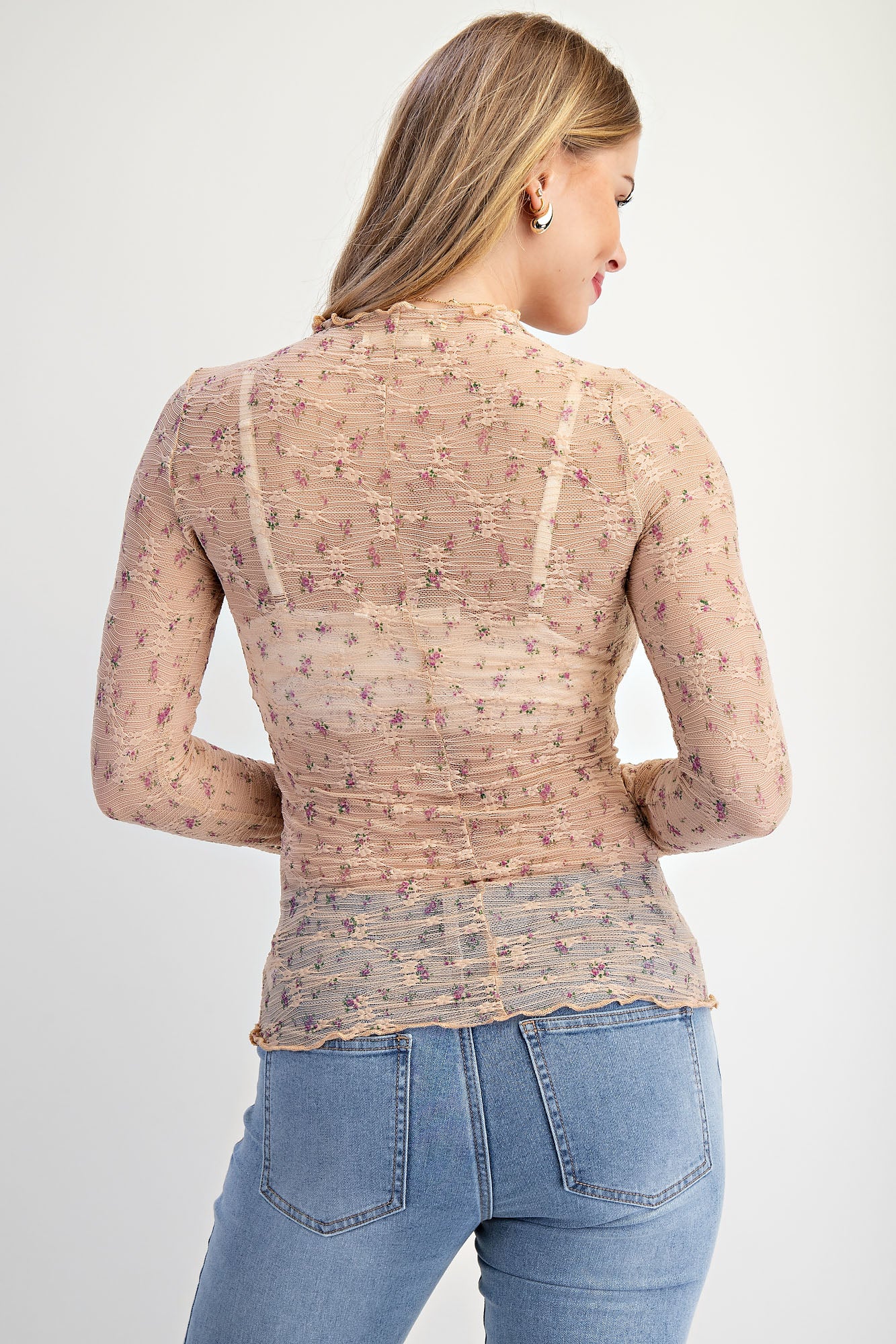 Natural ditsy floral printed lace mesh top with mock neckline and ruched sides — Meadow Lace Mesh Top (Natural) from Frost Impressions Boutique.