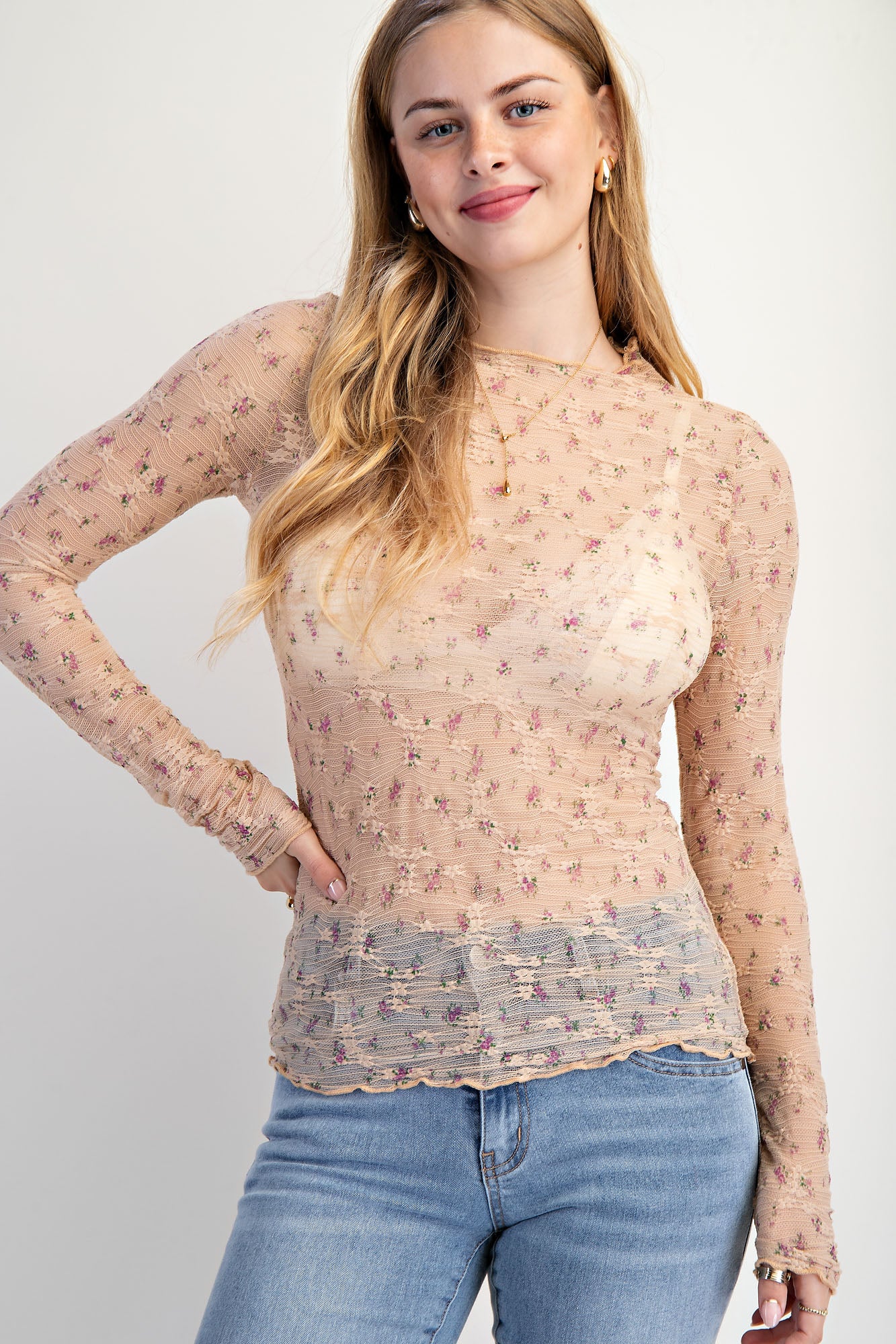 Natural ditsy floral printed lace mesh top with mock neckline and ruched sides — Meadow Lace Mesh Top (Natural) from Frost Impressions Boutique.