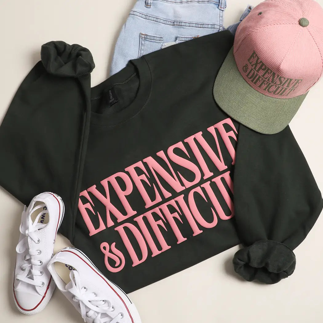 Expensive & Difficult Crewneck — puff print midweight sweatshirt in soft fleece from Frost Impressions Boutique in Wapakoneta, Ohio.