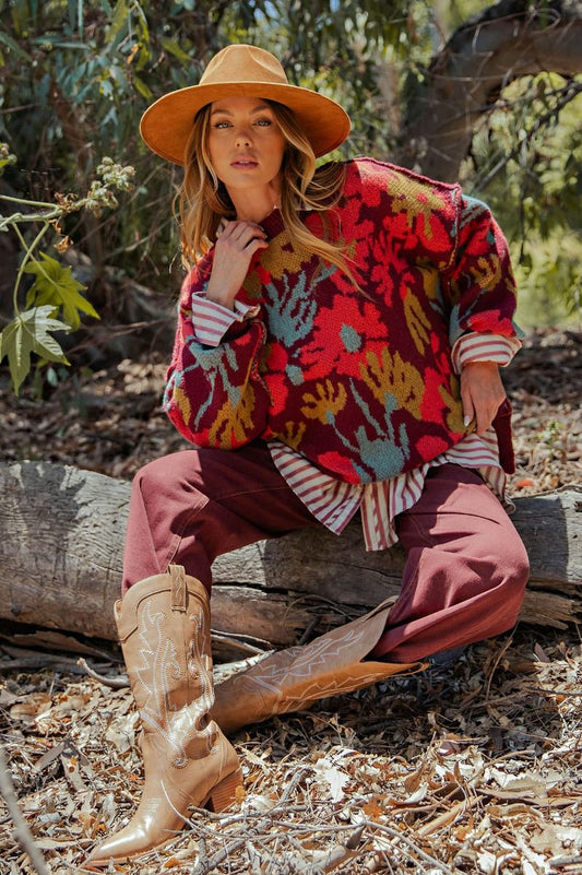 Burgundy floral patterned oversized sweater pullover with crew neckline and side slits — Bloom Haven Floral Sweater (Burgundy) from Frost Impressions Boutique.
