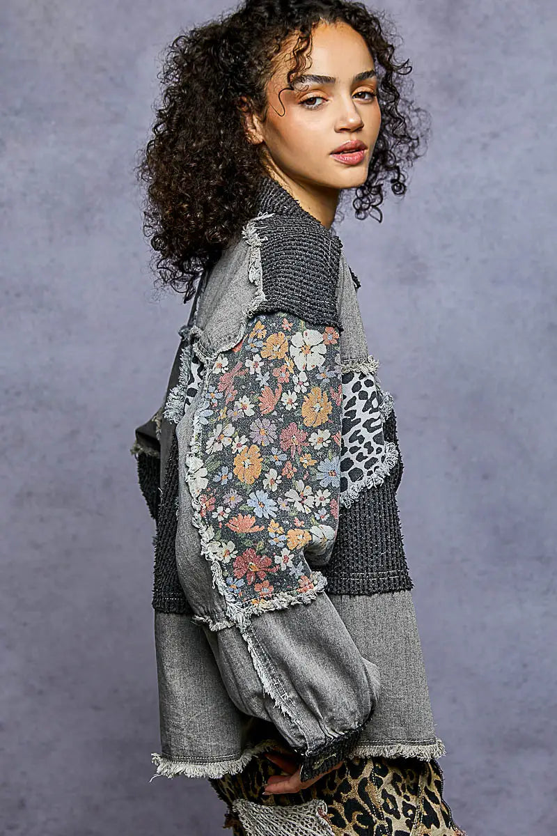 Wildflower Edge Jacket — floral patterned twill jacket with frayed edges and relaxed balloon sleeves, available at Frost Impressions Boutique in Wapakoneta, Ohio.