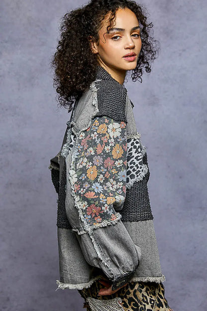 Wildflower Edge Jacket — floral patterned twill jacket with frayed edges and relaxed balloon sleeves, available at Frost Impressions Boutique in Wapakoneta, Ohio.