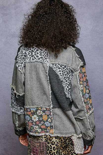 Wildflower Edge Jacket — floral patterned twill jacket with frayed edges and relaxed balloon sleeves, available at Frost Impressions Boutique in Wapakoneta, Ohio.