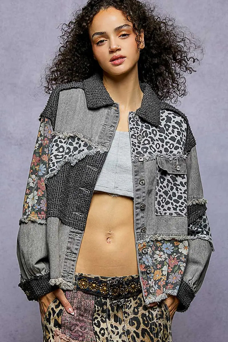 Wildflower Edge Jacket — floral patterned twill jacket with frayed edges and relaxed balloon sleeves, available at Frost Impressions Boutique in Wapakoneta, Ohio.