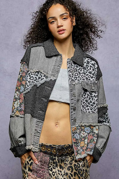 Wildflower Edge Jacket — floral patterned twill jacket with frayed edges and relaxed balloon sleeves, available at Frost Impressions Boutique in Wapakoneta, Ohio.
