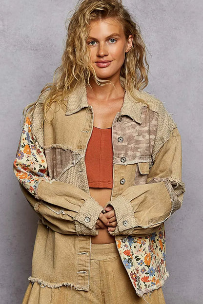 Café Camo Bloom Jacket — mocha mousse floral camo patterned twill jacket with frayed edge detailing and balloon sleeves, available at Frost Impressions Boutique in Wapakoneta, Ohio.