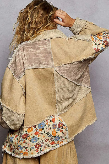 Café Camo Bloom Jacket — mocha mousse floral camo patterned twill jacket with frayed edge detailing and balloon sleeves, available at Frost Impressions Boutique in Wapakoneta, Ohio.