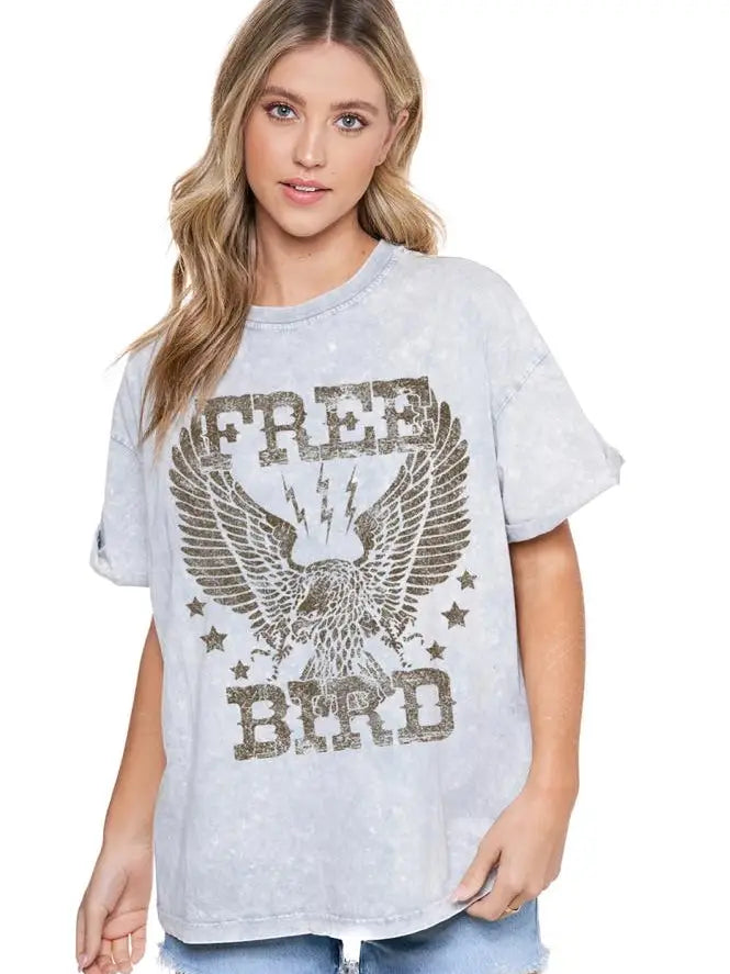 Free Bird eagle graphic mineral-washed gray denim tee with rolled cuffs — Frost Impressions Boutique.