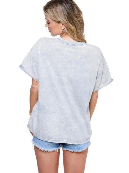 Free Bird eagle graphic mineral-washed gray denim tee with rolled cuffs — Frost Impressions Boutique.