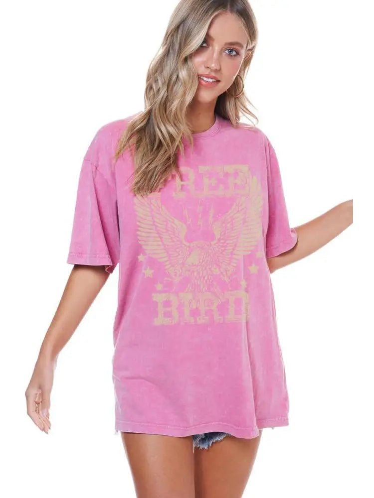 Free Bird Pink Tee — vintage acid wash oversized pink cotton graphic tee from Frost Impressions Boutique.