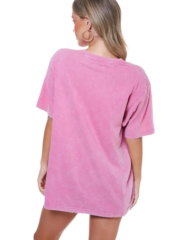 Free Bird Pink Tee — vintage acid wash oversized pink cotton graphic tee from Frost Impressions Boutique.