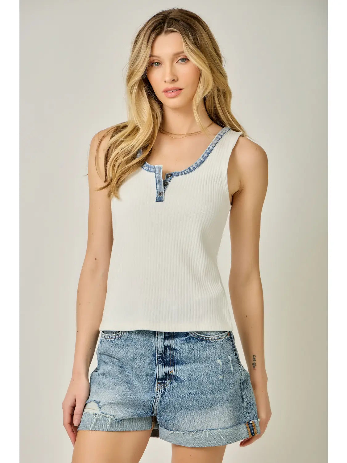 Washed white ribbed Henley tank with denim trim, button detail, and relaxed fit
