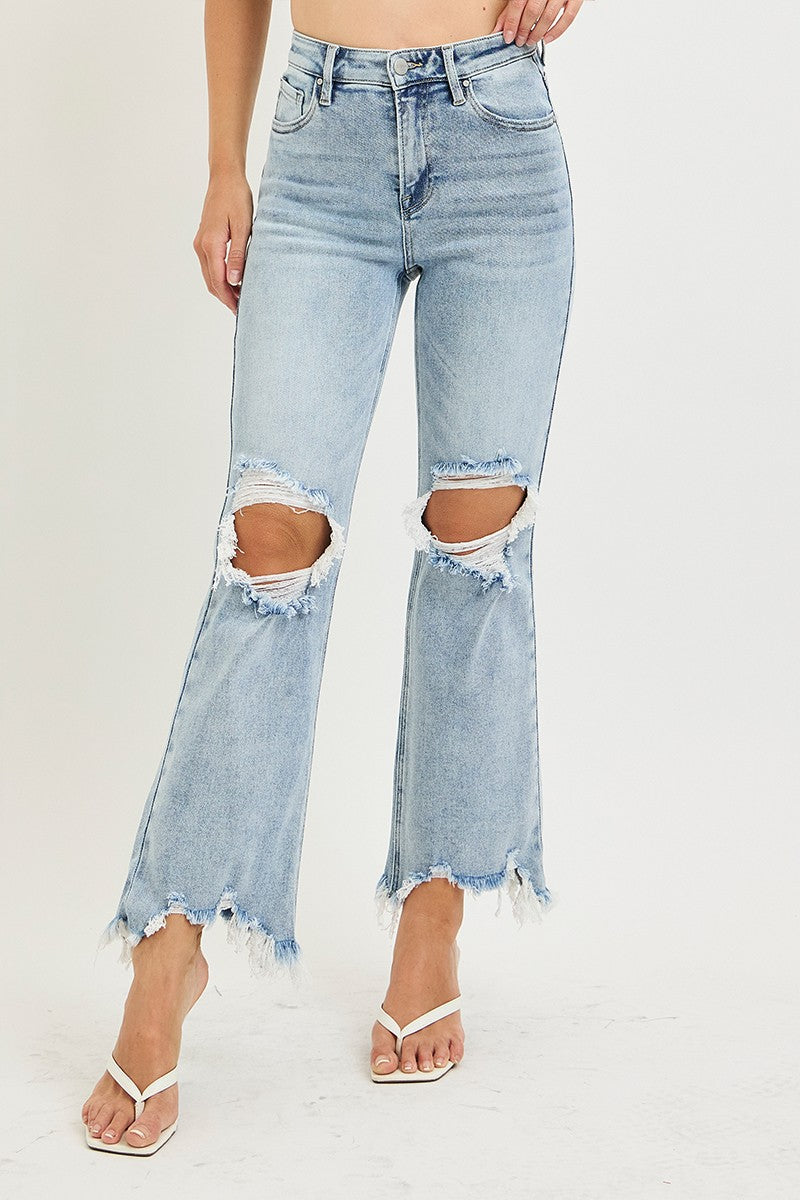 High rise crop straight leg denim jeans with stretch fit and ankle length cut